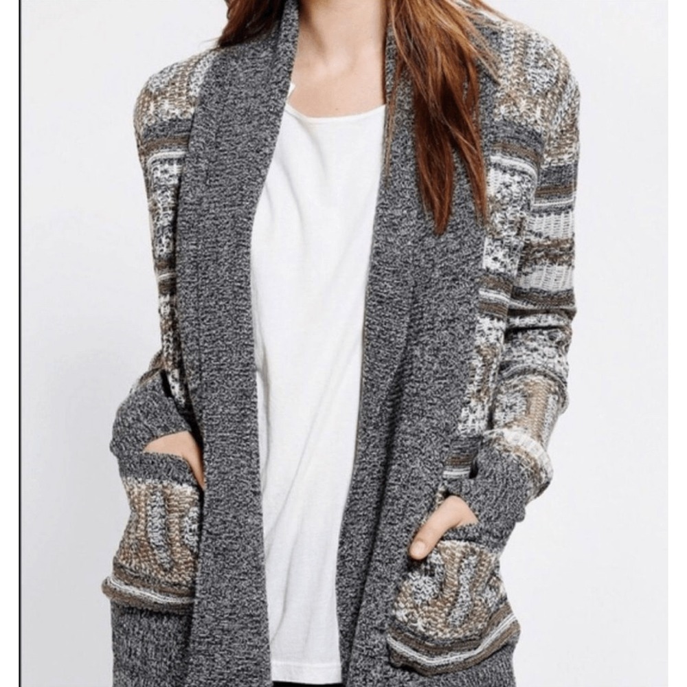 Jack by BB Dakota Avora Pattern Open Front Knit Cardigan‎ Sweater Gray Boho mD